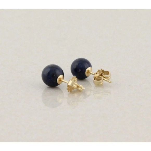14k Yellow Gold Blue Lapis Lazuli 7mm Ball Bead Earrings Stud Post - Picture 3 of 8